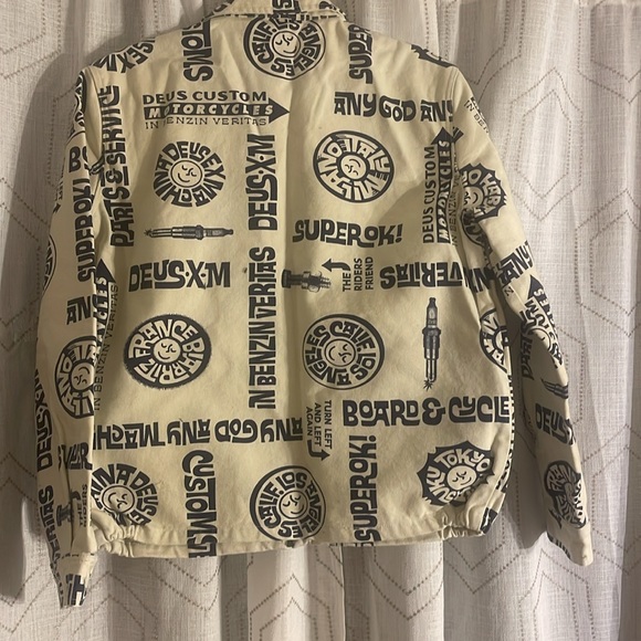 NWT Deus Ex Machina Men’s M Cream/Black Jacket Zip Close Denim Text Pattern Logo - Picture 10 of 10